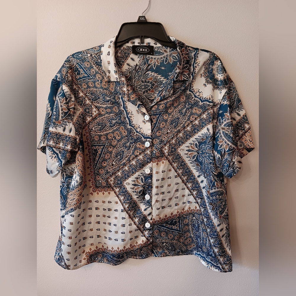 Cider Blue and Cream Paisley Short Sleeve Button-Down Shirt